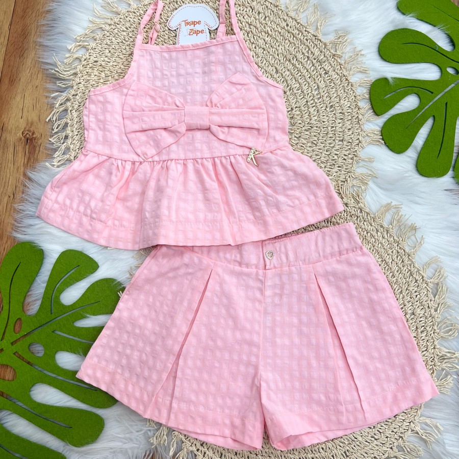 Conj. Blusa Alcinha Laço e Short - rosa xadrez